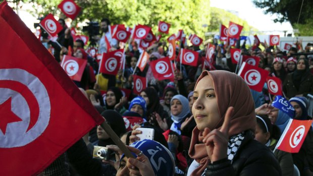 Tunisians celebrate the fifth anniversary of the Arab Spring on Thursday in Tunis. 