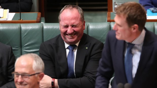 Deputy Prime Minister Barnaby Joyce with Social Services Minister Christian Porter and Prime Minister Malcolm Turnbull during question time on Thursday.