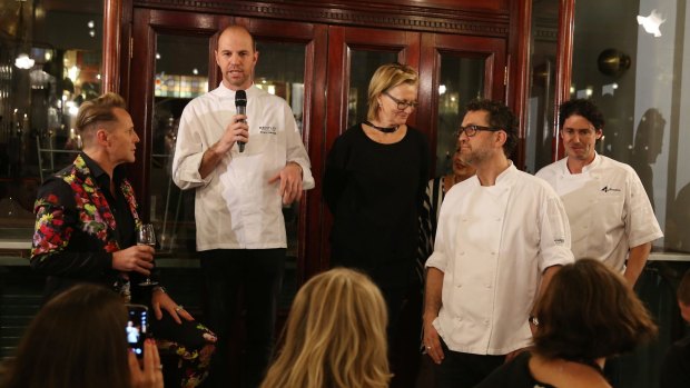 From second left: Brent Savage, Christine Manfield, Nino Zoccali and Colin Fassnidge, chefs at the Porkstar dinner in the Strand Arcade.