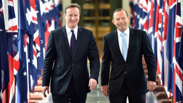 Talking tough on Russian aggression: British Prime Minister David Cameron (left) and Prime Minister Tony Abbott.