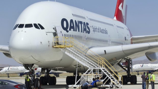 A Qantas Airbus A380 arrives at Southern California Logistics Airport in Victorville, California.