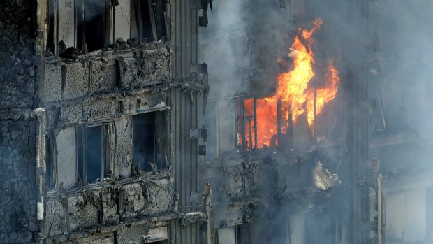 The burning Grenfell Tower in London.
