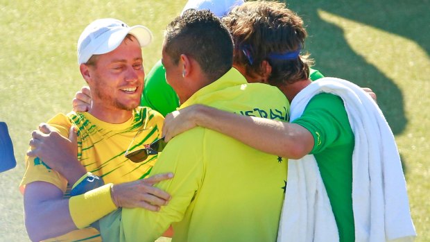 Lleyton Hewitt celebrates winning his Davis Cup match against Aleksandr Nedovyesov of Kazakhstan in July last year.