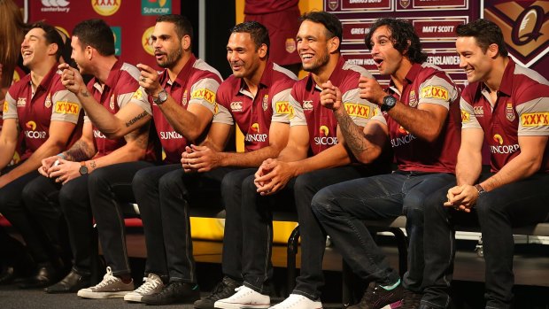 (L-R) Billy Slater, Darrius Boyd, Greg Inglis, Justin Hodges, Will Chambers, Jonathan Thurston and Cooper Cronk.