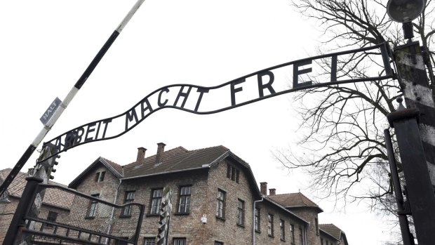 German Nazi concentration camp Auschwitz in Oswiecim. The sign reads "Arbeit macht frei" (Work makes you free).