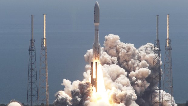 An Atlas V rocket carrying the Juno spacecraft lifts off from Space Launch Complex-41 in Cape Canaveral, Florida, on August 5, 2011.