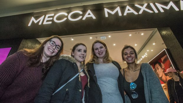 Tayla Macdonald, Naomi Vumbaca, Ingrid Smith, and Alexis Swaby were the first customers in queue for the opening of Mecca Maxima. 