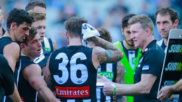 Talking points: Nathan Buckley rallies the troops.