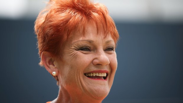 Senator Pauline Hanson addresses the media in Buderim on polling day.