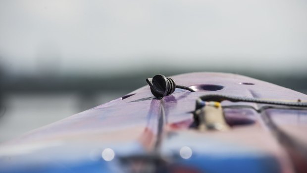 A drain plug on top of a white-water kayak, similar to those used by Angelika Graswald and her fiance Vincent Viafore.