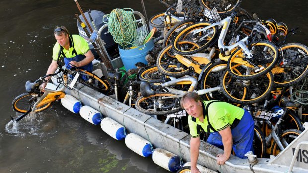 Contractors collect oBikes from the Yarra River in Melbourne.