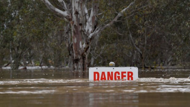 Danger sign at the Avoca River in Charlton which is set to peak on Thursday.  