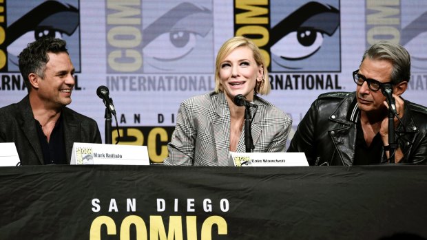 Cate Blanchett with co-stars Mark Ruffalo and Jeff Goldblum at Comic-Con.