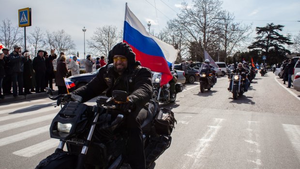 The president of bike-club "Night Wolves" Alexander Zaldostanov aka 'Surgeon', a well known pro-Kremlin activist takes part in a motor rally on the first anniversary of the referendum on March 16, 2014 in Sevastopol, Crimea.