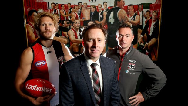 St Kilda defender Sam Gilbert, CEO Matt Finnis and coach Alan Richardson.