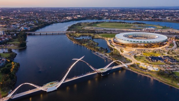 Optus Stadium is bordered by the Swan River.