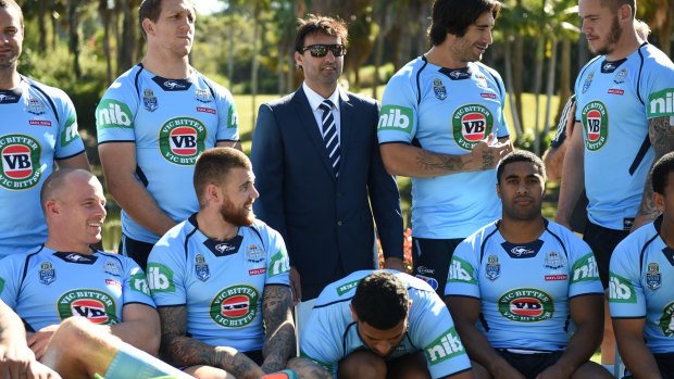 Shaping up: Blues coach Laurie Daley with the 2015 NSW Blues origin squad in camp at Coffs Harbour.