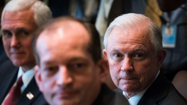 US Attorney-General Jeff Sessions, right, is trying to bypass state laws and use the Justice Department to push back against marijuana legalisation.