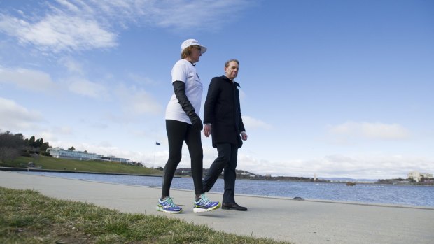 Ruth Henderson with meets with Health Minister Simon Corbell as she prepares for her 80-kilometre walk.
