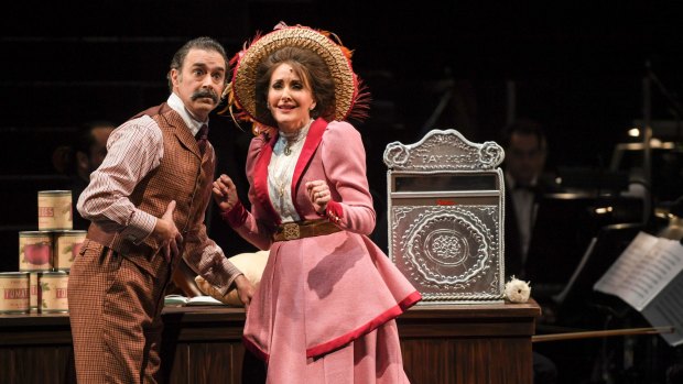 Inveterate matchmaker Dolly Levi (Marina Prior) has her work cut out with Horace Vandergelder (Grant Piro) in Hello, Dolly!