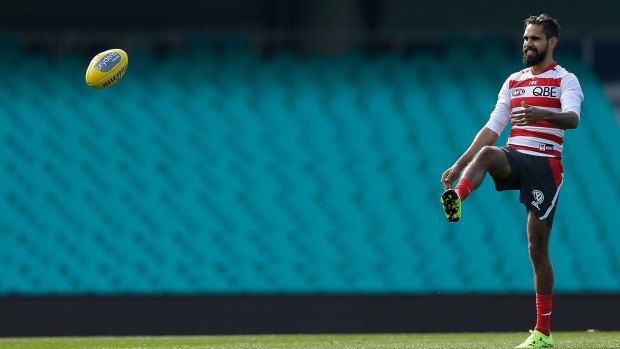 Kicking on: Lewis Jetta during the Swans' training session at the Sydney Cricket Ground on Thursday.
