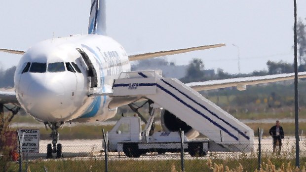 The hijacked Egyptair aircraft at Larnaca airport on Tuesday.