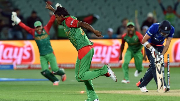 Bangladesh paceman Rubel Hossain sets off on a victory dance after he bowled James Anderson to end England's innings.
