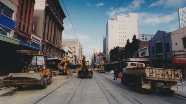 Swanston Street being dug up in 1992.