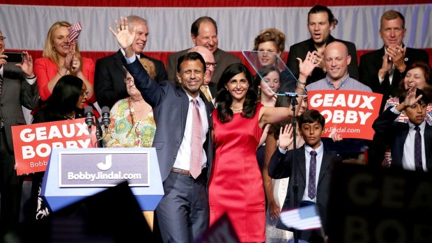 Louisiana Governor Bobby Jindal (centre) with his wife, Supriya Jindal, announces his candidacy for the 2016 presidential nomination.