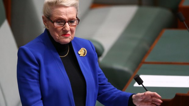 Former Speaker Bronwyn Bishop speaks during the condolence motion for the late Don Randall, at Parliament House in Canberra on Monday.