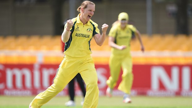 Sarah Aley celebrates after getting Ayesha Zafar of Pakistan out.