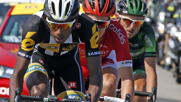 Daniel Teklehaimanot of Eritrea races in a breakaway on stage six of the Tour de France.