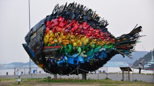 The "Chinu, Black Sea Bream of Uno", by Yodogawa Technique, on display at the port of Uno as part of the Setouchi Art Triennale.
