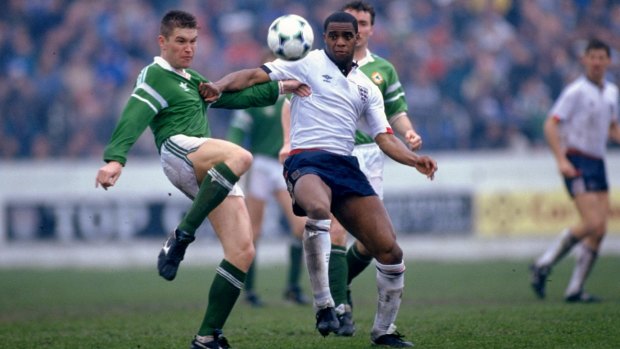 Victim: Dalian Atkinson contests the ball while representing England B against the Republic of Ireland in 1990.