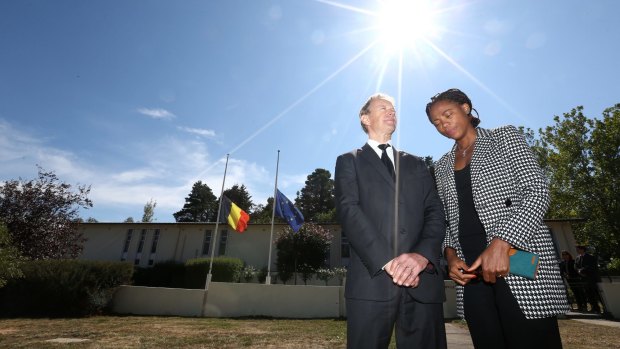 Belgian ambassador to Australia Jean-Luc Bodson and Mrs Stephanie Mbombo farewell Governor-General Sir Peter Cosgrove and Lady Lynne Cosgrove after they visited the Belgian embassy in Canberra to sign a condolence book for victims of the terror attacks in Belgium.