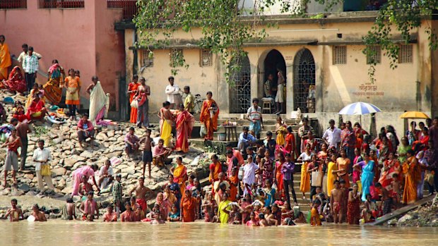 Villagers on the banks of the Ganges River, India.