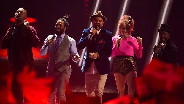 Guy Sebastian (centre) finished in fifth place with the song Tonight Again at the 2015 Eurovision Song Contest in Austria.