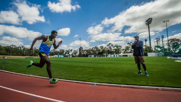 Canberra schoolboy Edward Osei-Nketia broke the under-16 national 100m record and his coached by his father Augustine Nketia who holds the NZ 100m record. Photo by Karleen Minney.