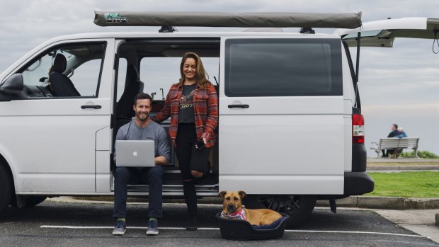 Dave and Alicia Corsar with their dog 'Dude'. The couple have travelled 9000 kilometres working remotely since June.