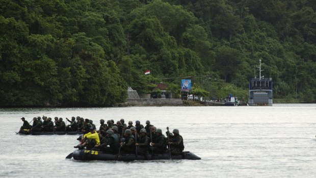 Indonesian military hold training exercises near Nusakambangan prison.