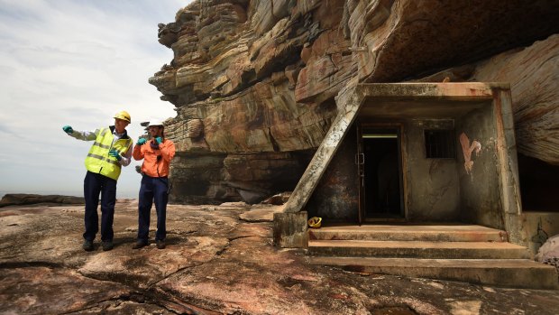 Bondi Waste Water Treatment Plant's Tony Williamson and Daniel Toole at the plant's Eastern Safe Haven, which is said to be a great spot for whale watching.