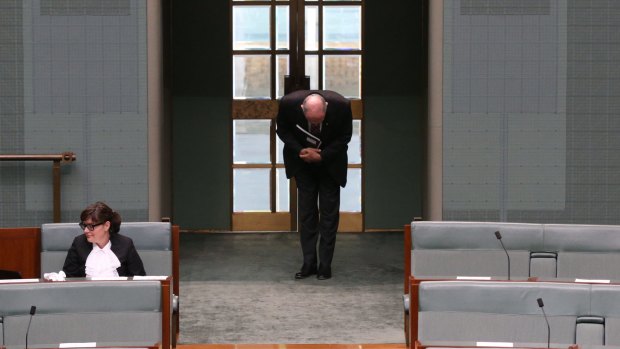 Deputy Prime Minister Warren Truss bows to the Speaker at Parliament House in Canberra.