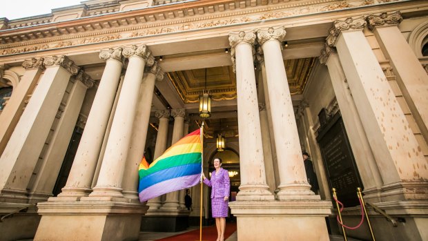 The lord mayor of the City of Sydney, Clover Moore, celebrates the beginning of the 2017 Sydney Gay and Lesbian Mardi Gras Festival.