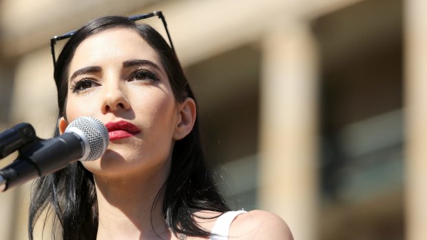 Lisa Origliasso from The Veronicas speaks at the same sex marriage equality rally at Queens Park.