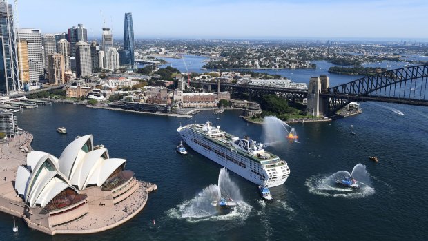 Pacific Explorer arrives at Circular Quay on Monday morning, the first international cruise ship to arrive in Australia since the two-year ban on cruising lifted.