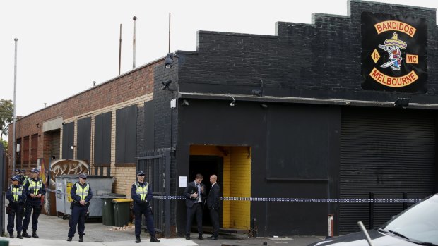 Police outside  Bandidos club house in Brunswick.