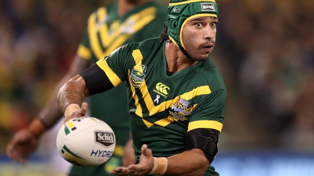 Johnathan Thurston of the Kangaroos passes during the Anzac Test match.