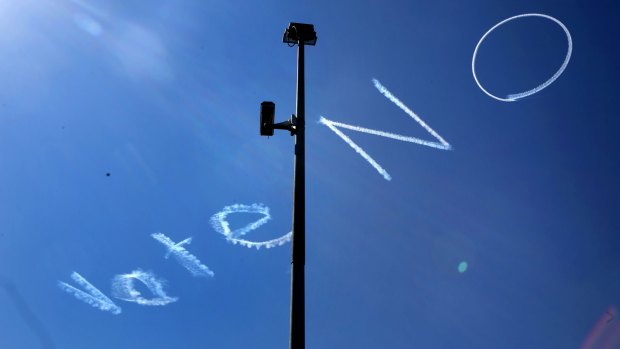 Skywriting above central Sydney at the weekend. 