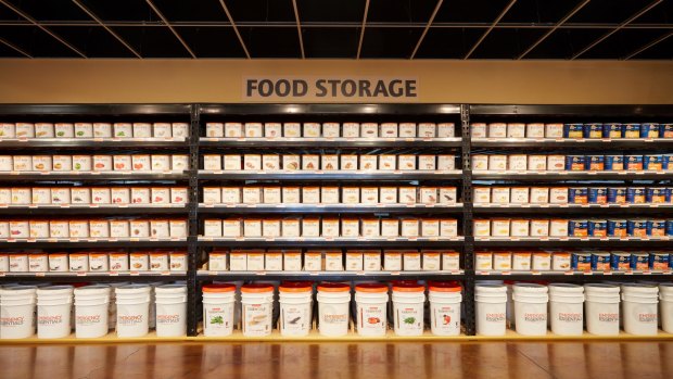 Shelves of food at an Emergency Essentials store in Murray, Utah.