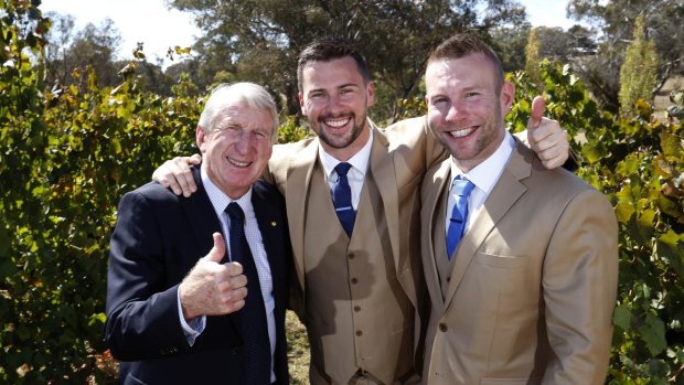 Rugby league great Steve Mortimer with son Matt and Matt's partner Jason renewing their vows in Orange after marrying in Chicago. 